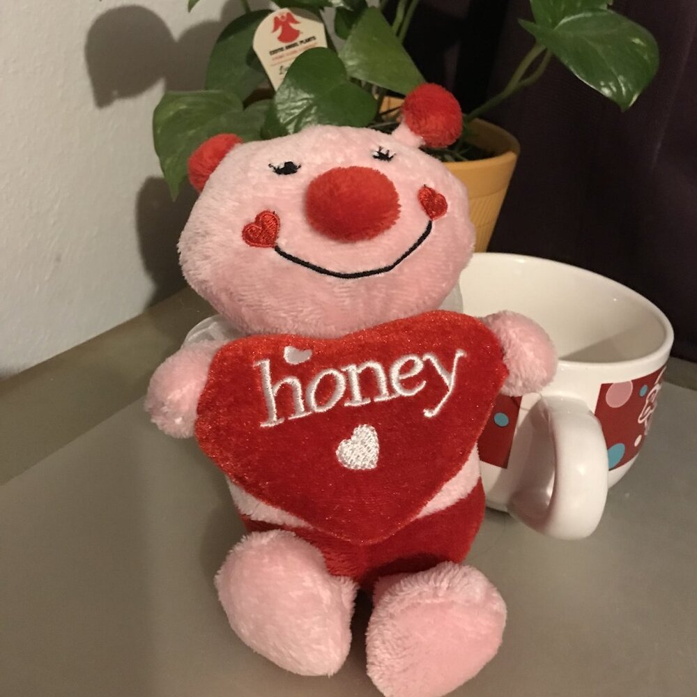 Dan Dees Collector's Choice Pink Bee in a mug with "honey" pillow for Valentine.